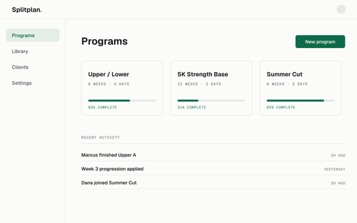 Splitplan programs dashboard with progress on three programs