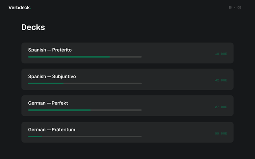 Verbdeck deck list with progress bars and due counts