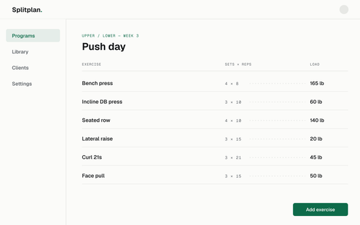 Splitplan program editor showing a push day exercise table